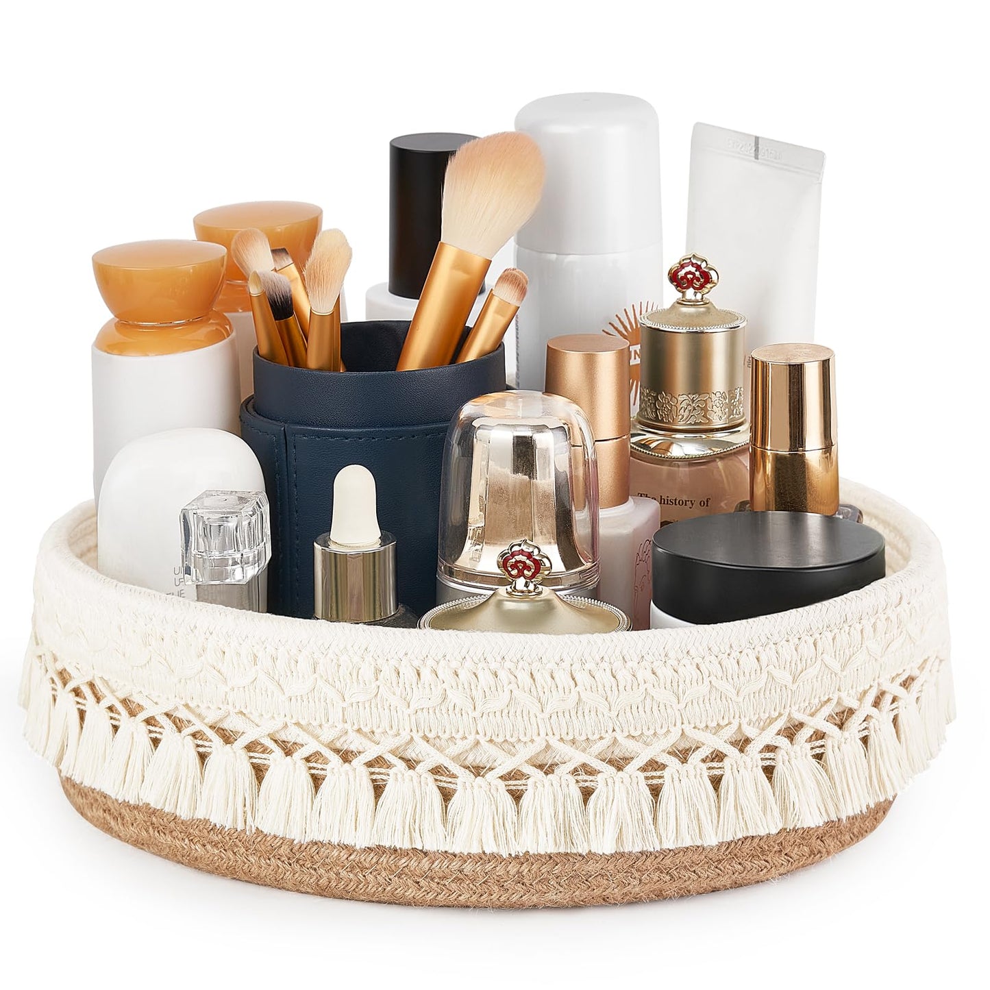 Mkono Makeup Perfume Holder Organizer Macrame Decorative Woven Rope Basket Boho Decor Cosmetics Desk Storage Baskets for Dresser Skin Care Lotions Essential Oils Dorm Room Essentials,Yellow and White