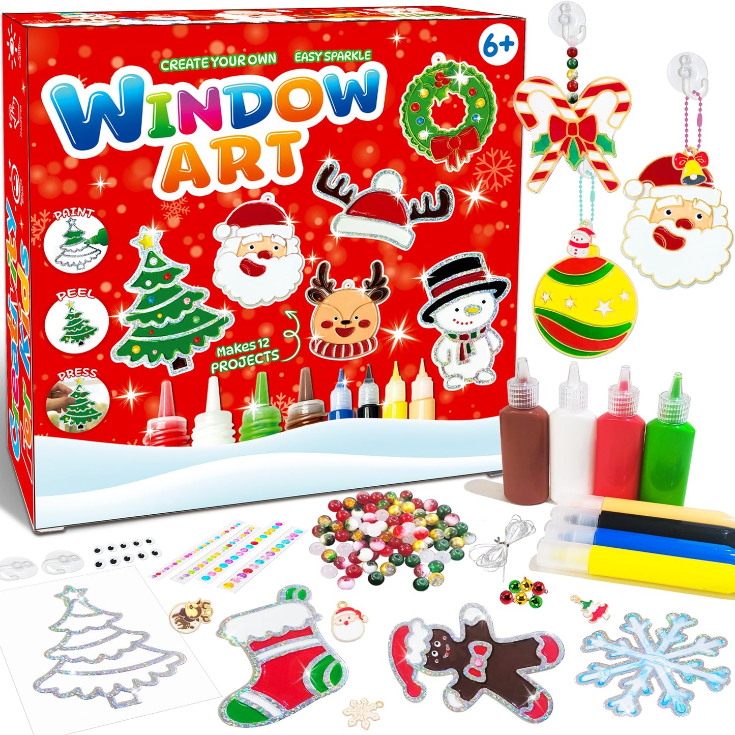 DIY Window Paint Art, 208pcs Christmas Craft Kits, Create Your Own Suncatchers Christmas Crafts for Christmas Party, Window DIY Paint Art Make Your Own Window Clings for Christmas Holiday Decorations
