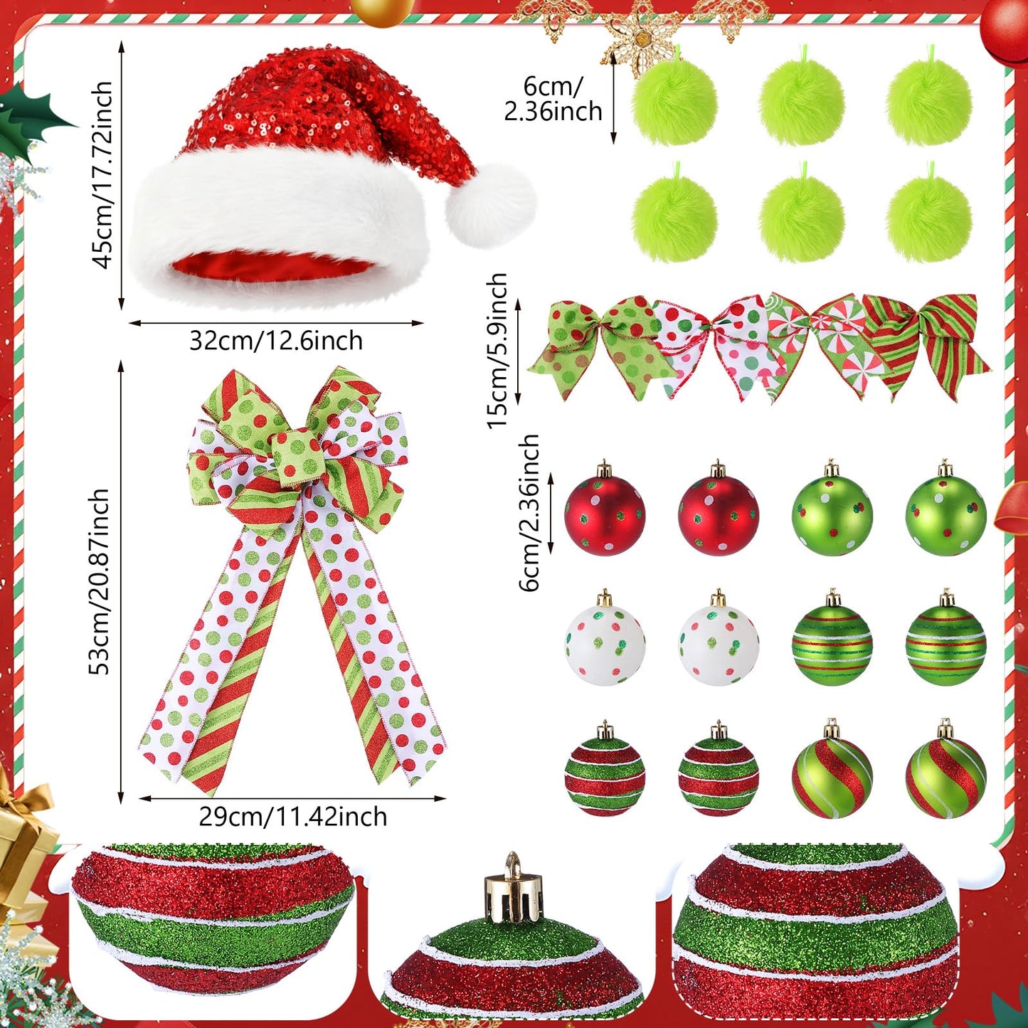 Halfchet 43 Pcs Christmas Tree Hanging Decorations Xmas Tree Ornaments Holiday Mini Pendants Ribbon Candy Red White and Green Hanging Ornaments for Party Decoration