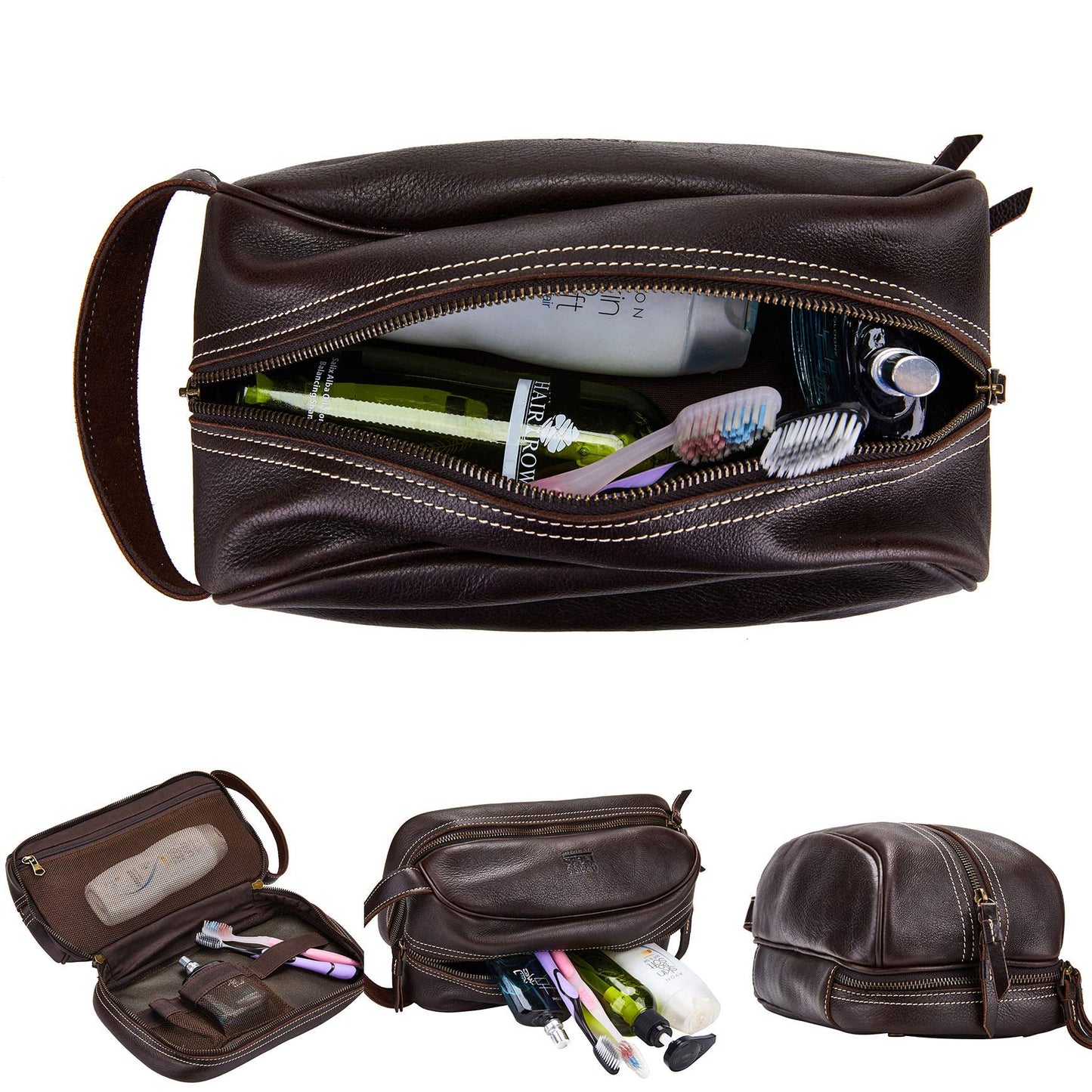 BRASS TACKS Leathercraft Travel Toiletry Organizer Dopp Kit Water-resistant Genuine Leather Shaving Bag for Toiletries Accessories For Men Women (Dark Brown)