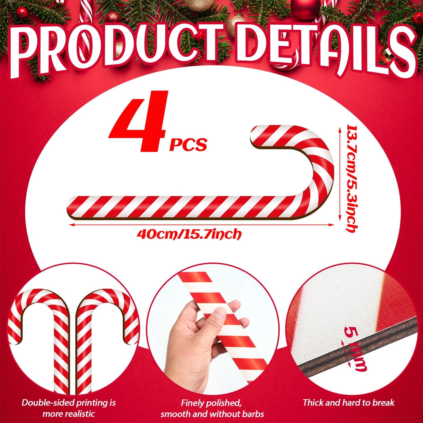 Large Size 4 Pcs 15.7 Inch Christmas Large Candy Canes for Tree Decorations Red and White Giant Candy Cane Props Bulk Xmas Hanging Ornaments Rustic Wood Flat for Party Supplies DIY Crafts Photoshoot