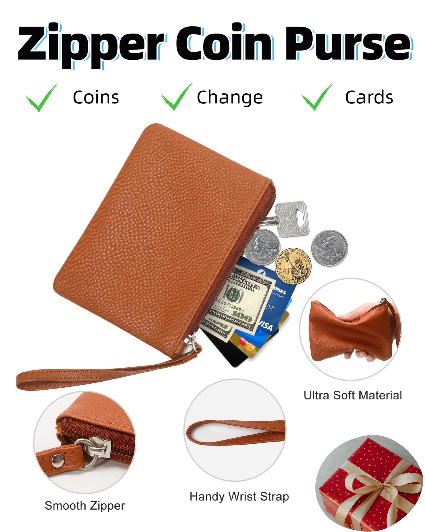 4.5 x 6.5 Clutch Stadium Approved, Leather Coin Purse for Women Wristlet Money Pouches for Cash Car Change with Zipper Lipstick Holder, Extra Small Makeup Bag for Purse Organizer Insert, Brown
