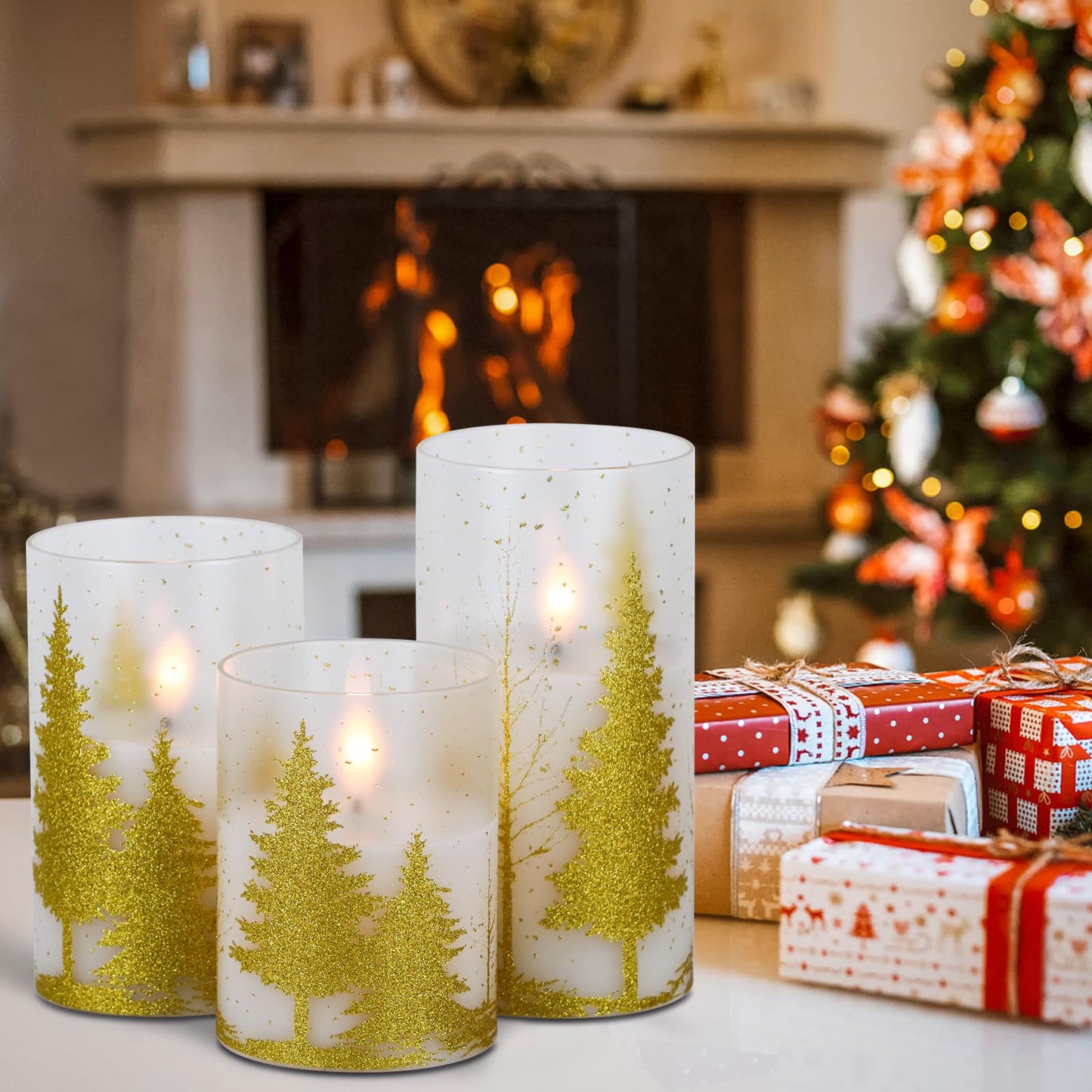 DRomance Christmas Tree Glass Flameless Candles with Remote Timer Battery Operated Real Wax 3D Wick LED Flickering Pillar Candles Christmas Holiday Decor(Gold, 3 x 4,5,6 Inch)