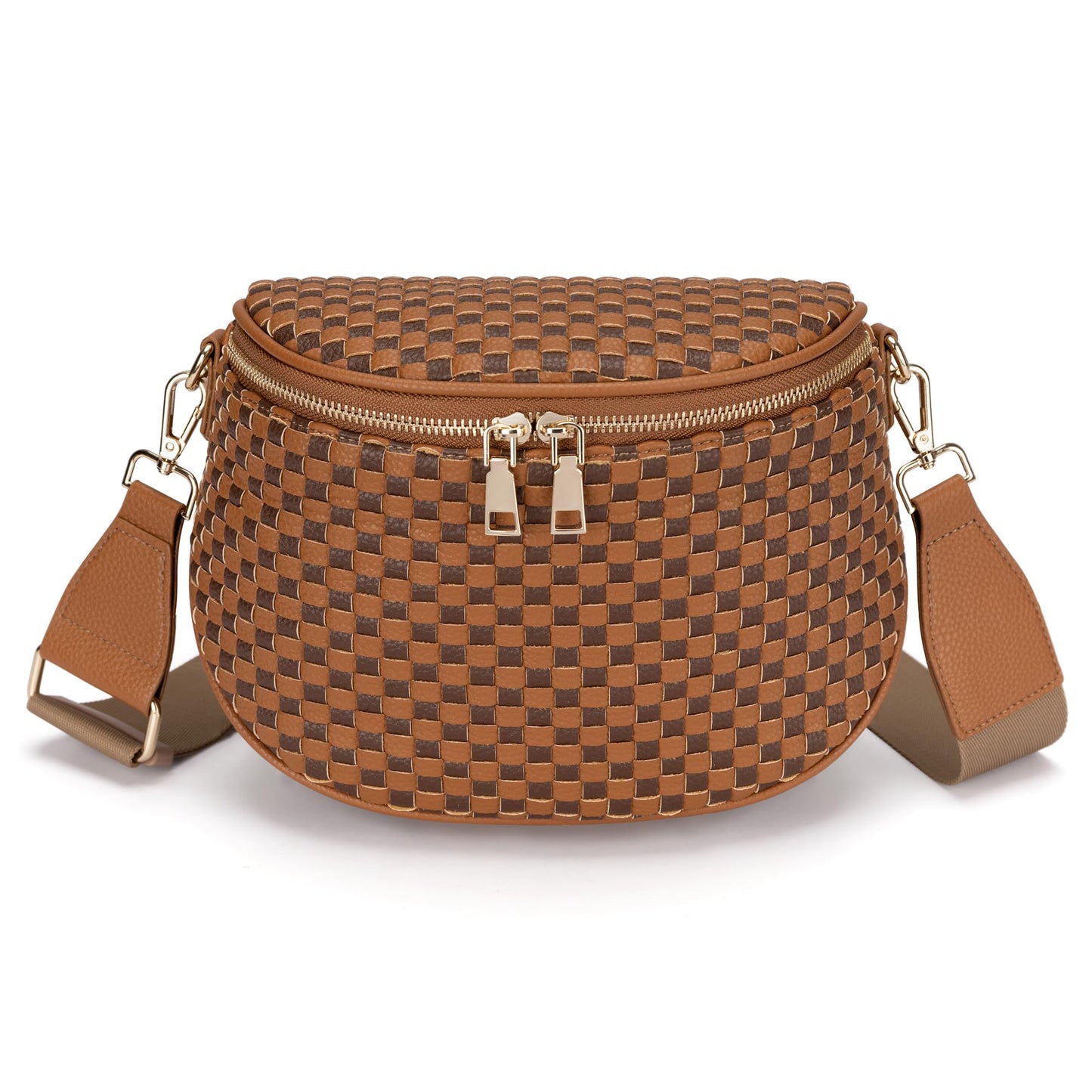 FODOKO Woven Crossbody Bag for Women Woven pu Leather Bum Bags Checkered Cross body purse with zipper Adjustable straps（Checkered Coffee brown