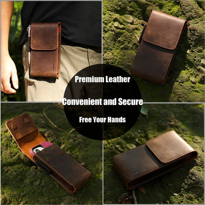 Gentlestache Leather Phone Holster for iPhone 16 Pro, 15 Pro, 14 Pro - Cell Phone Case for Galaxy S25, S24, S23 - Belt Clip Phone Pouch - Fits with Thick Case, Darkbrown-L