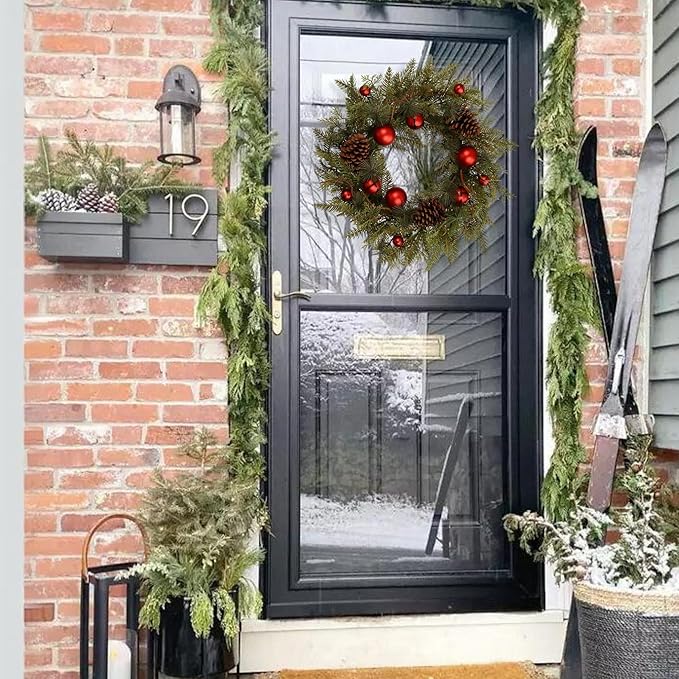 22-Inch Handcrafted Artificial Christmas Wreath with Pinecones, Red Ornaments, and Lifelike Pine Branches Winter Holiday Wreath for Front Door and Home Décor, Indoor/Outdoor Seasonal Décor