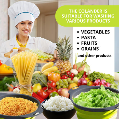 Small Collapsible Colander with Plastic Handles Round Silicone Kitchen Strainers Foldable Kitchen Strainer Perfect for Draining Pasta Vegetable and Fruit Green