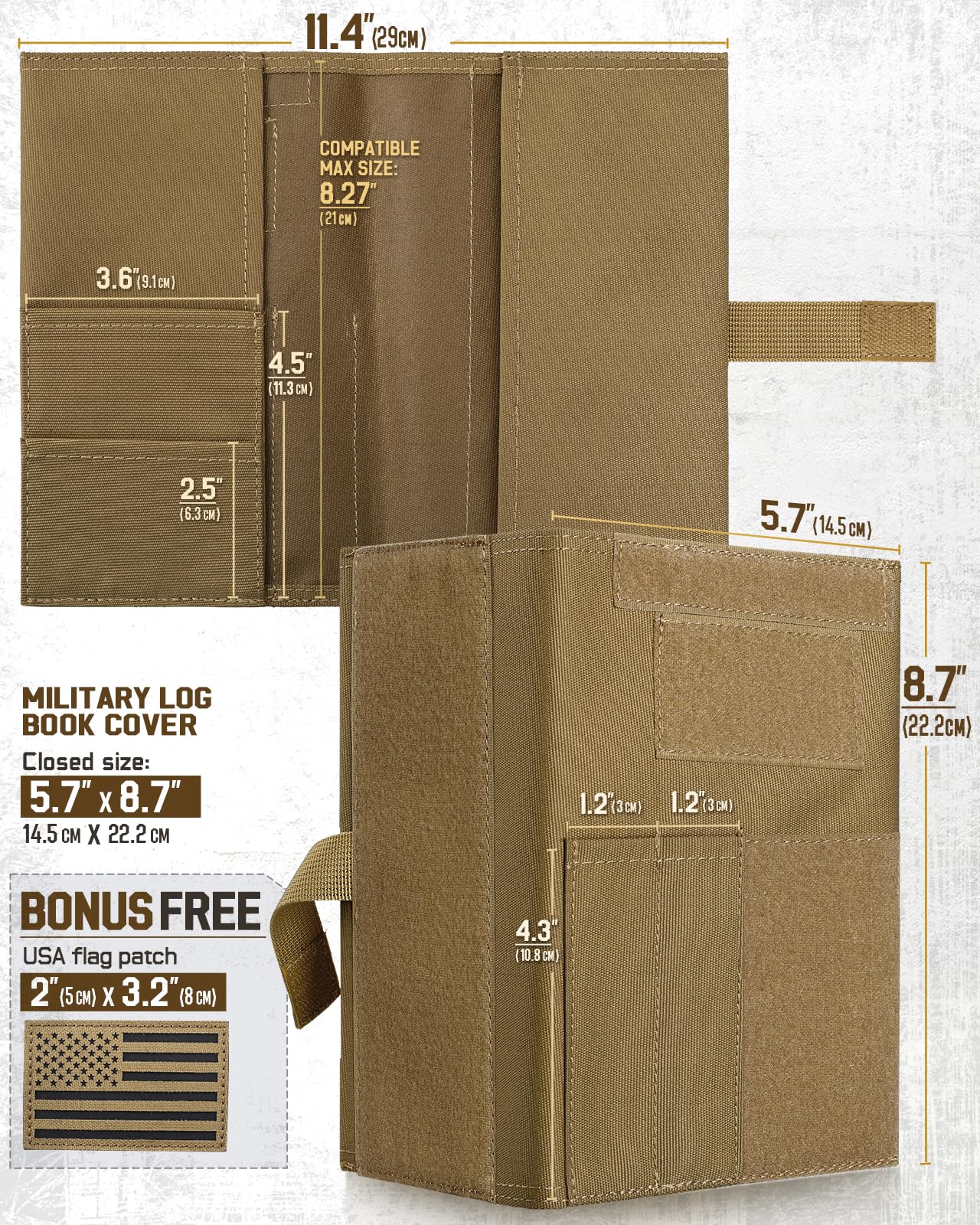 Tactical Book Cover for 5.5" x 8" Military Log Book, Green Book Protective Holder, Detachable Army Field Notebook Cover with Flag Patch, for Protecting (Tan, 5.7x8.7 in)