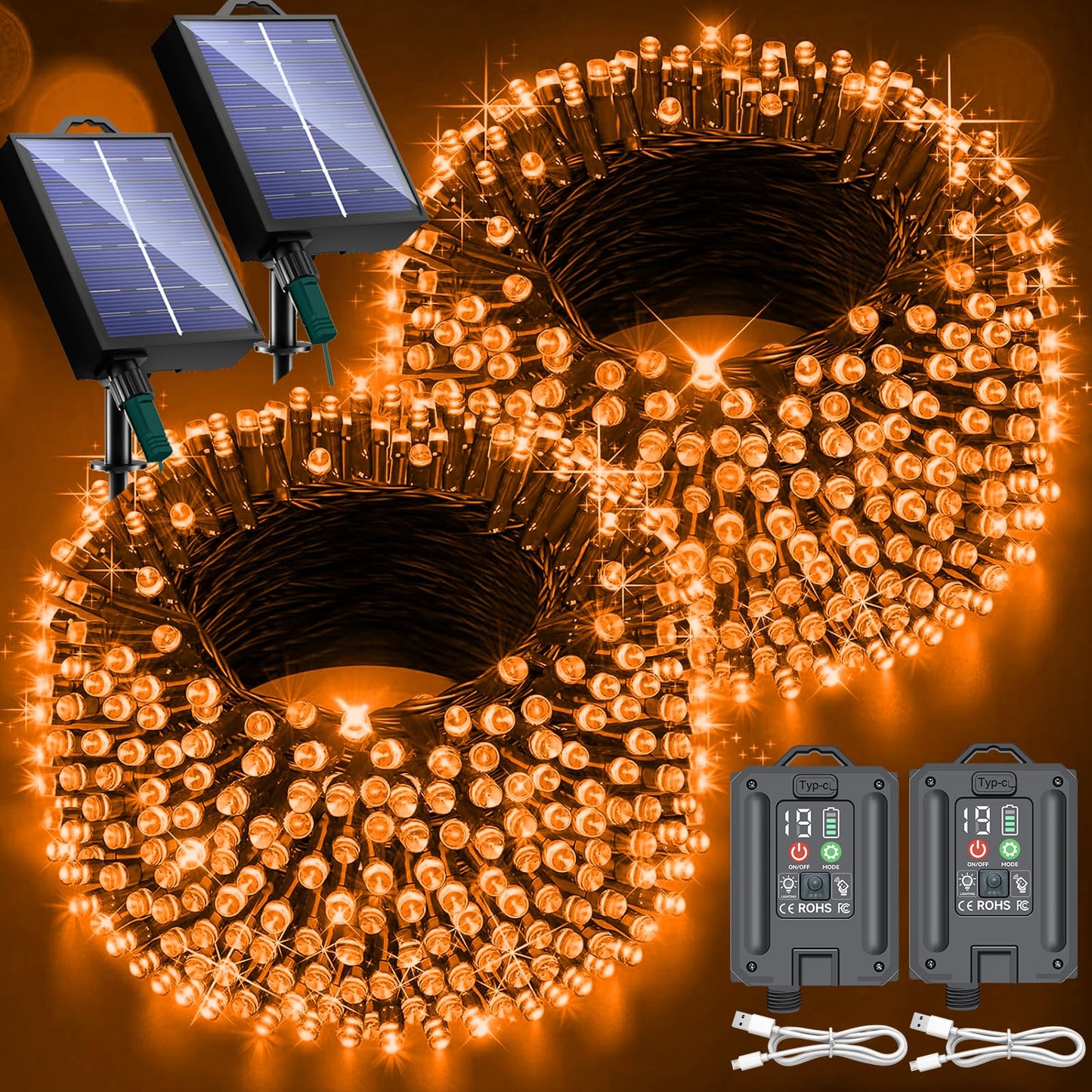 New Upgraded Solar Halloween String Lights Outdoor Waterproof, Solar & USB Rechargeable 19 Modes 2 Pack Total 144FT 400 LED Orange Halloween Lights for Yard Patio Garden Christmas Decorations, Orange