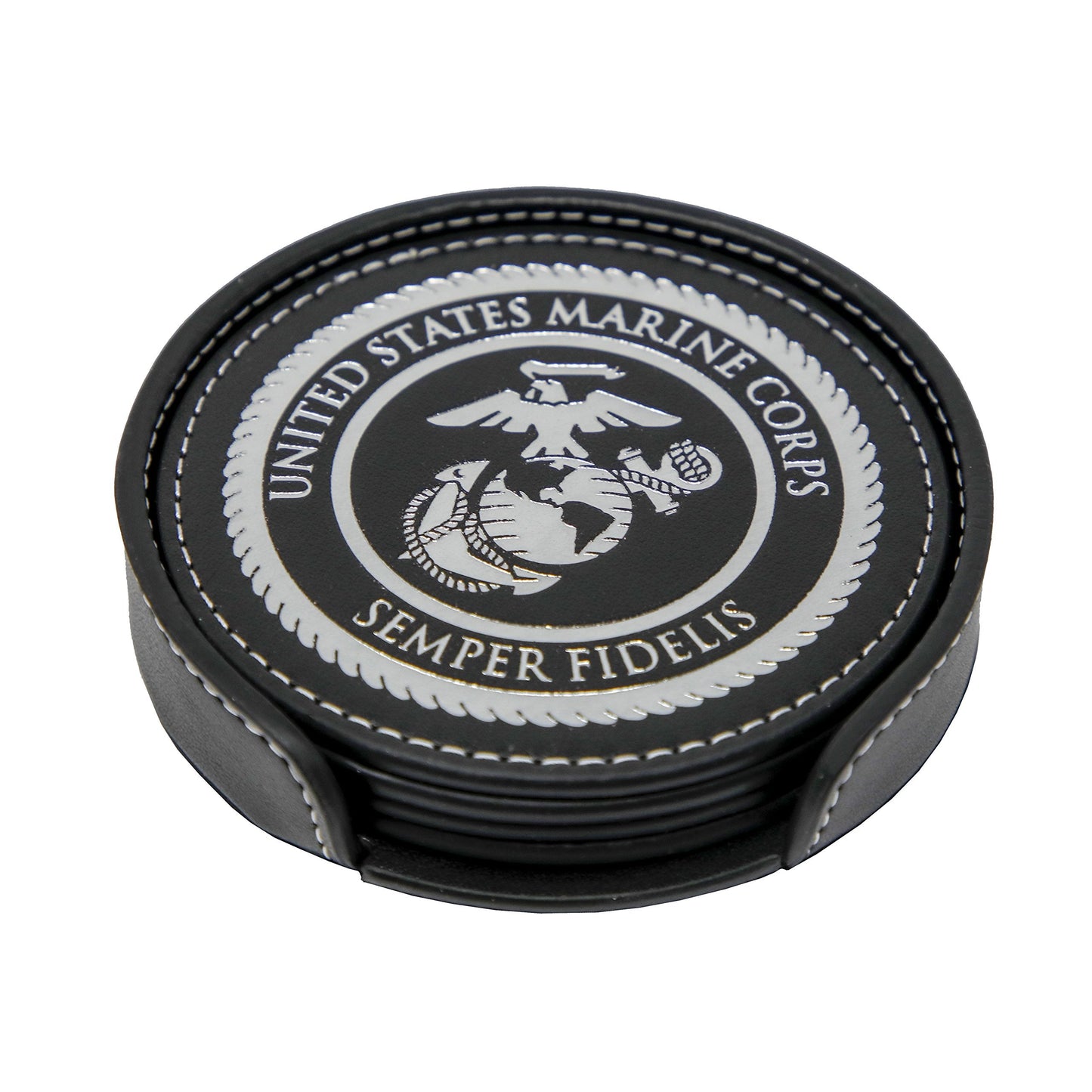USMC Leather Coaster Set - 4 Premium Coasters with Hot Stamped Foil US Marines EGA Logo - Marine Corps Gift | USMC Leather Coasters