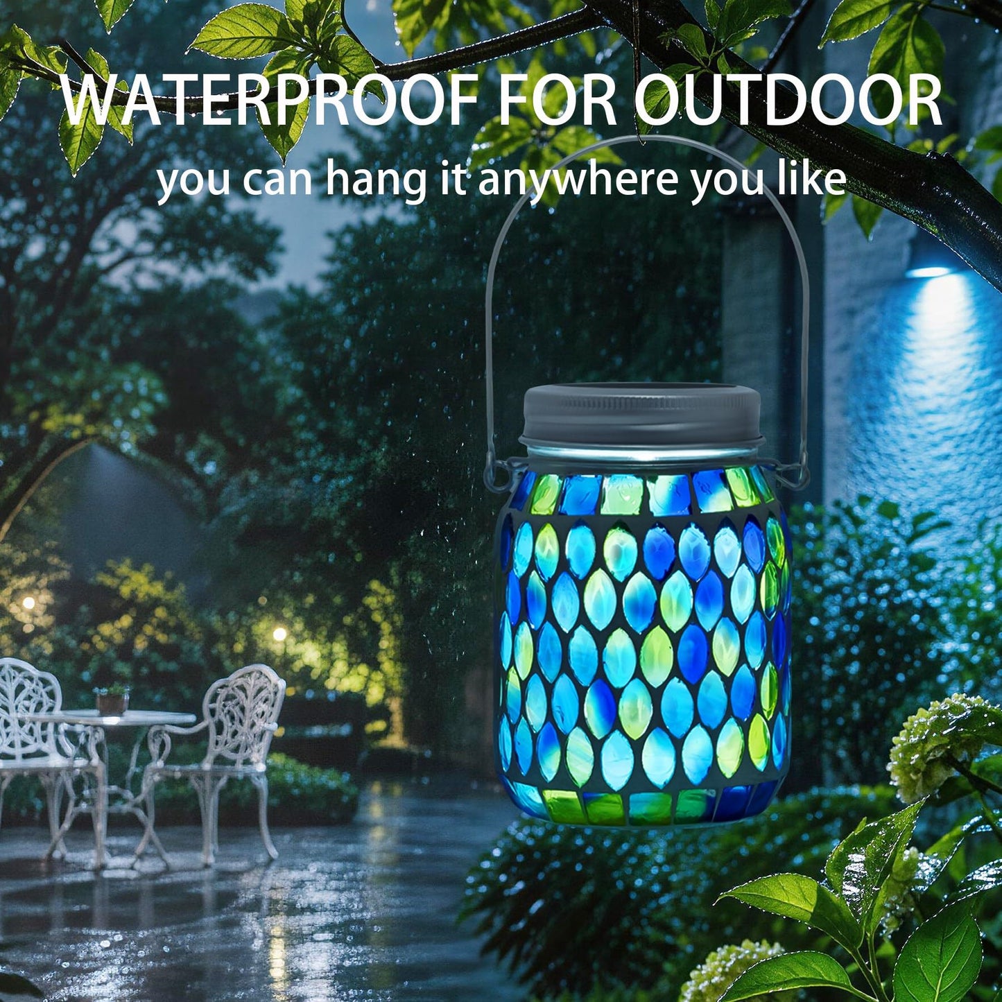 Rancco Blue Mosaic Solar Lantern Outdoor, Waterproof Hanging Solar Light, Glass Jar Style Mosaic Lamp for Garden Patio Decor, Solar-Powered Pathway Night Light, Unique Gifts for Women Mom Grandma