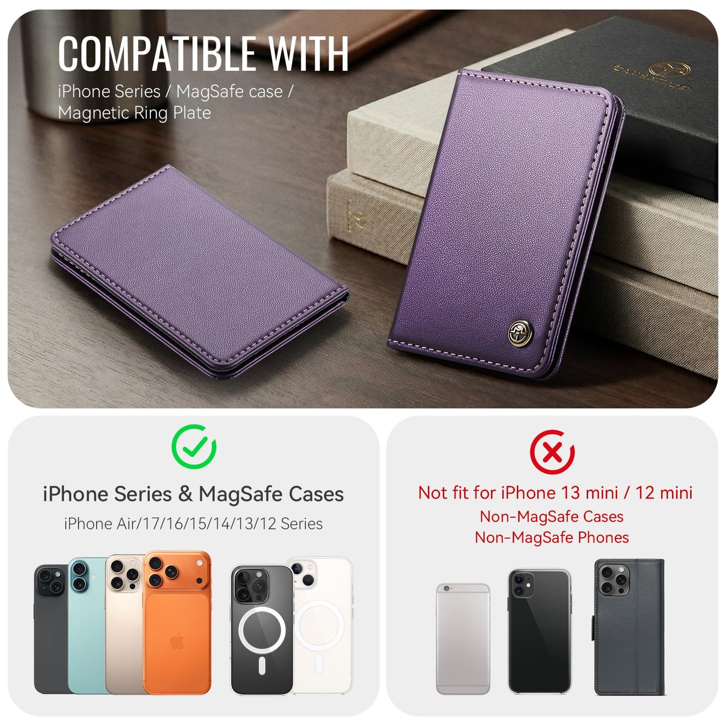 XIMAND Magnetic Wallet Card Holder with RFID Protection, PU Leather Slim Wallet, Strong Magnet Attachment for iPhone 18/17/16/15/14/13/12 Series Pro Max Plus Mini-Purple