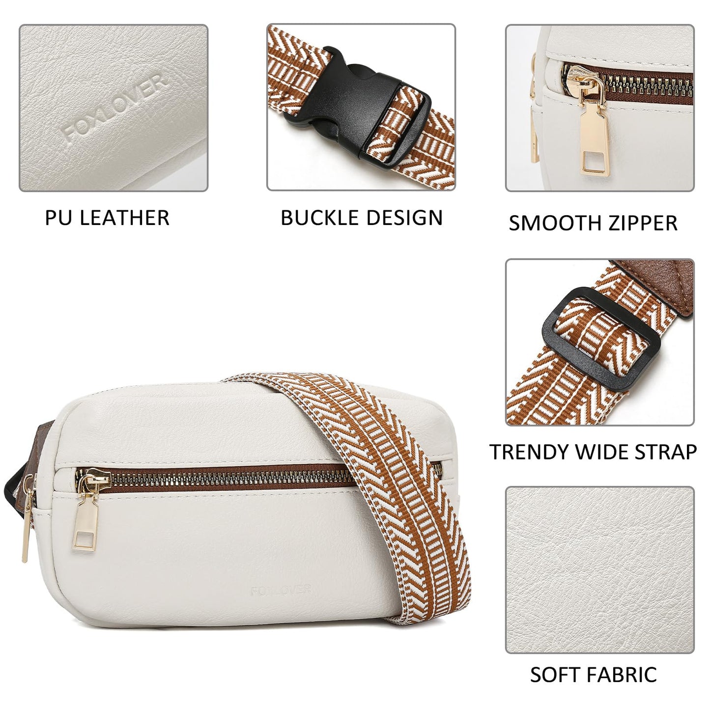 FOXLOVER Small Leather Fanny Packs for Women Waterproof Belt Bag Crossbody Sling Chest Bag Designer Mini Travel Purse(White)