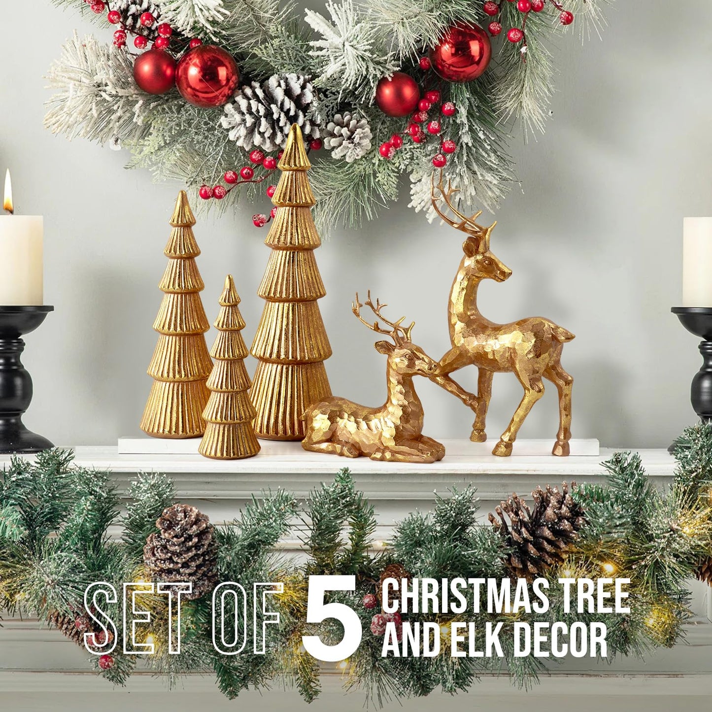Hommtina Reindeer Christmas Decoration and Mini Trees, Lucky Reindeer Statues for Indoor Home Decor, Tabletop Mantle Cabinet Desktop Office (Rose Gold)