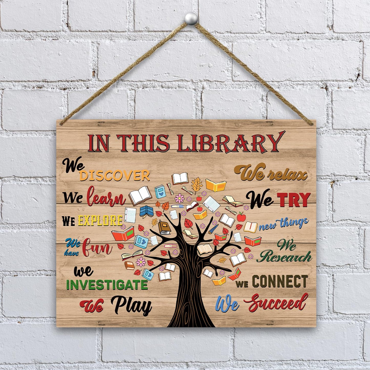 In This Library Wood Hanging Sign, Welcome Reading Room Art Wood Sign Plaque with Rope, Wall Wooden Plaque Hang Ornament, Study School Door Shelf Decor Supplies, Inspirational Christmas Gift -60