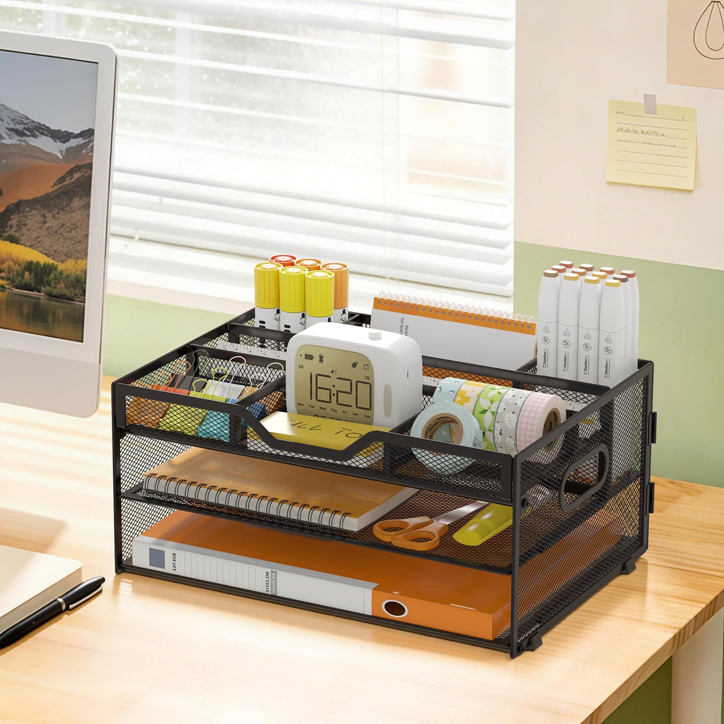 NextFile 3-Tier Letter Paper Tray Desk Organizer, Black Desktop File Rack Holder with 3 Drop in Pencil Holder and Sliding Tray for Office Classroom and Home Supplies Organization Storage
