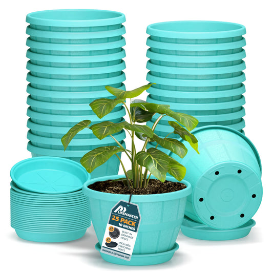 10-Inch Whiskey Barrel Planters Outdoor Pack of 25 - Durable Plastic Plant Pots for Indoor & Outdoor Use with Drainage & Saucer, Lightweight Rustic Barrel Planters for Flowers, Herbs & Small Plants