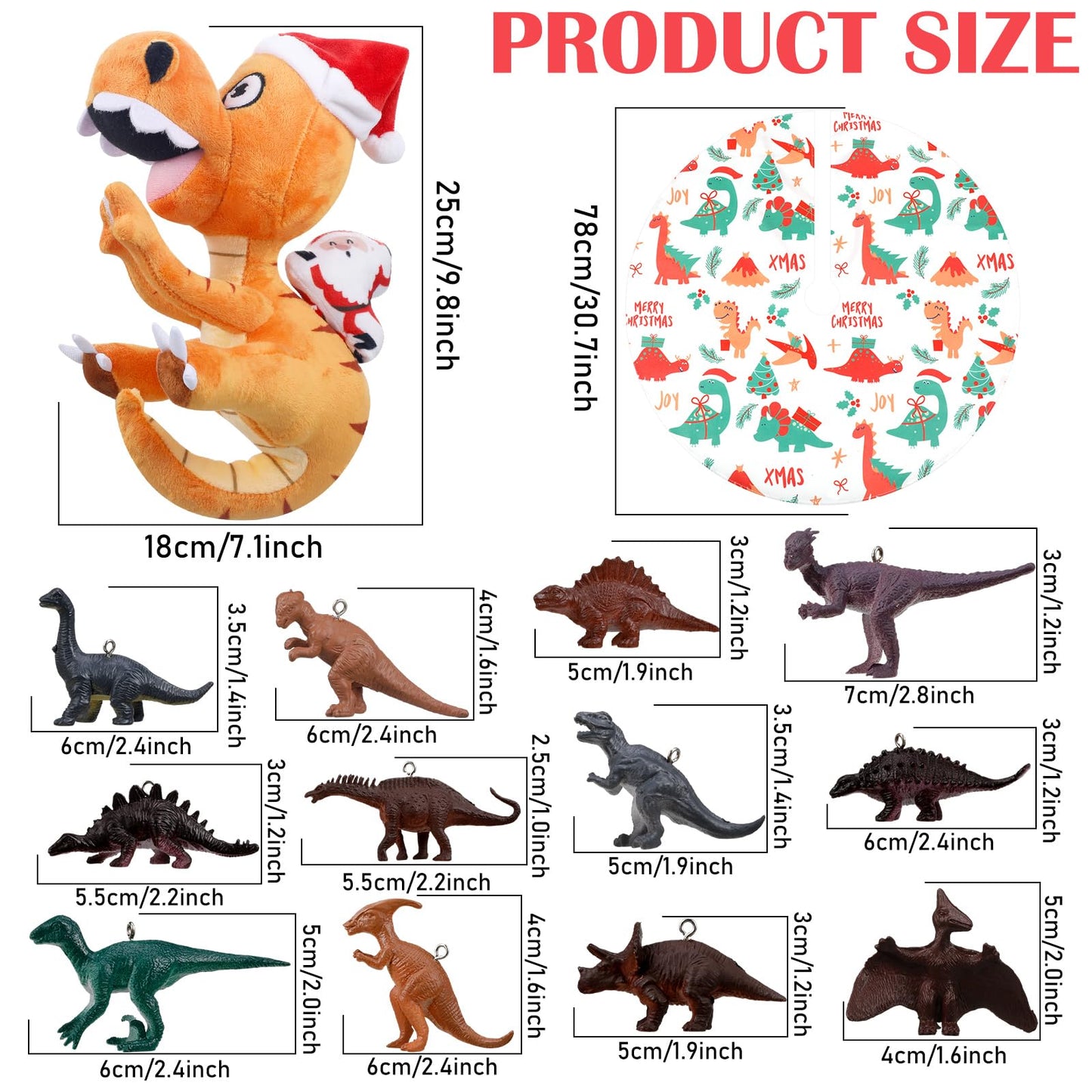 Leyndo 26 Pcs Christmas Tree Topper Ornaments Set Santa Riding Dinosaur Topper 24 Pcs Dinosaur Ornaments 30'' Xmas Tree Skirt