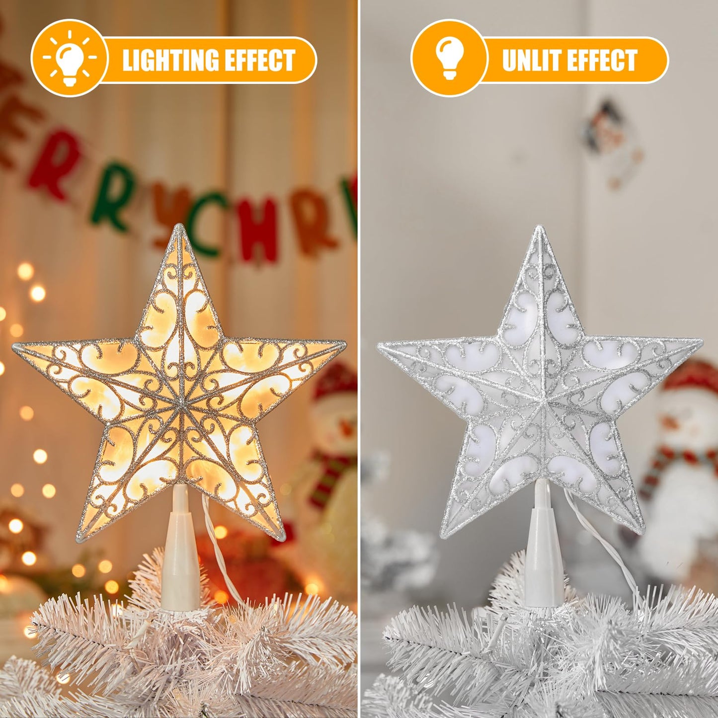 Christmas Star Tree Topper, Plug in Sliver Glittered 3D Star Tree Topper, Metal Hollow Designed Built-in 10 Bulbs String Lights for Indoor Christmas New Year Holiday Tree Decoration, White Base