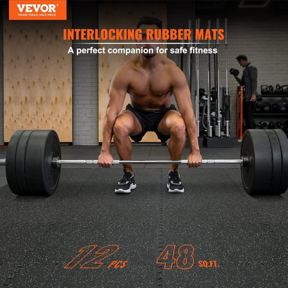 VEVOR Gym Flooring Tiles - Interlocking Rubber Mats with High-Density EVA Foam | 25 x 25In, Black & Gray, 48 sq.ft