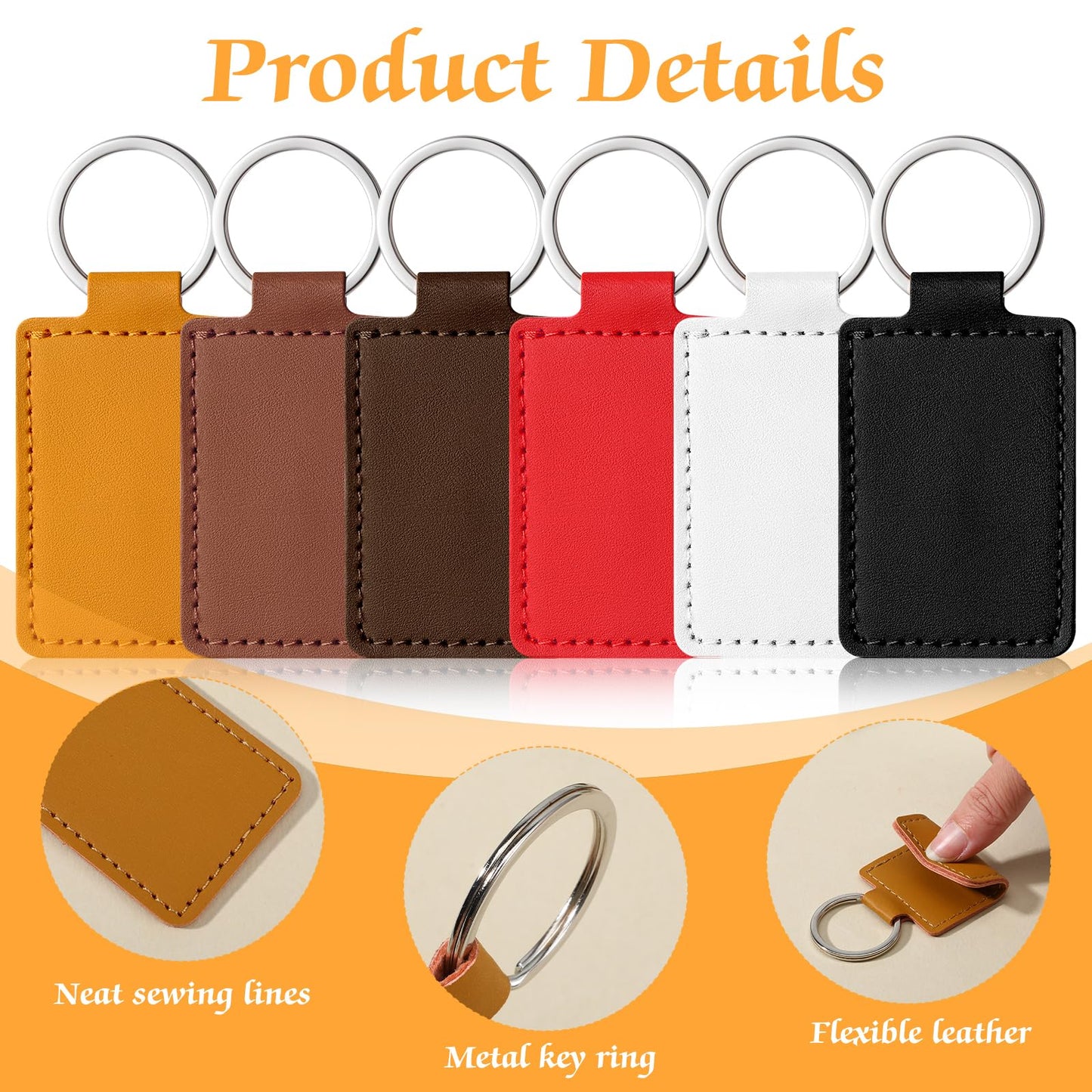 60 Pcs Rectangular Leather Keychain Blanks Kit PU Leather Laser Engraving Blanks with Key Rings for DIY Crafting, 6 Colors