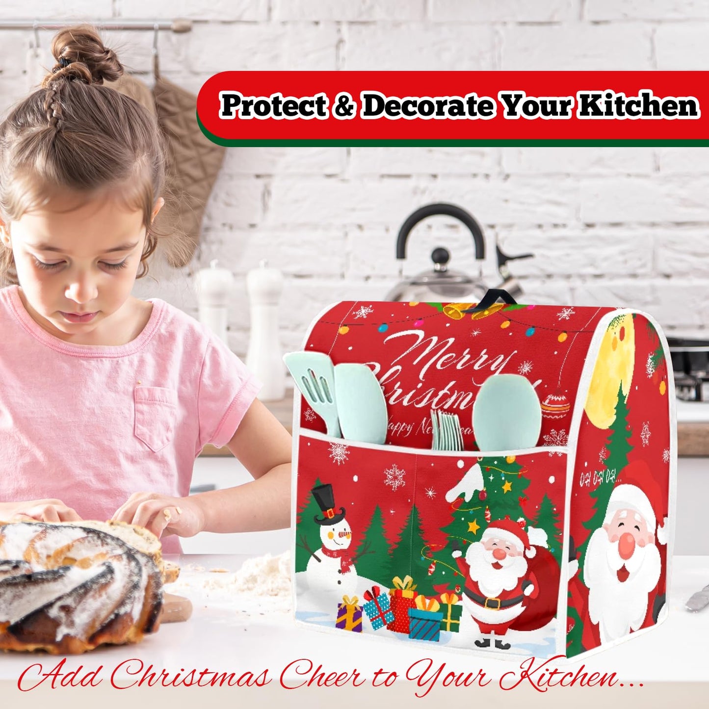 FBBP Christmas Stand Mixer Cover - Compatible with 6-8 Quart for Kitchen Appliance - Santa Claus and Snowman Dust Cover with Pockets for Accessories Xmas Home Kitchen Decor