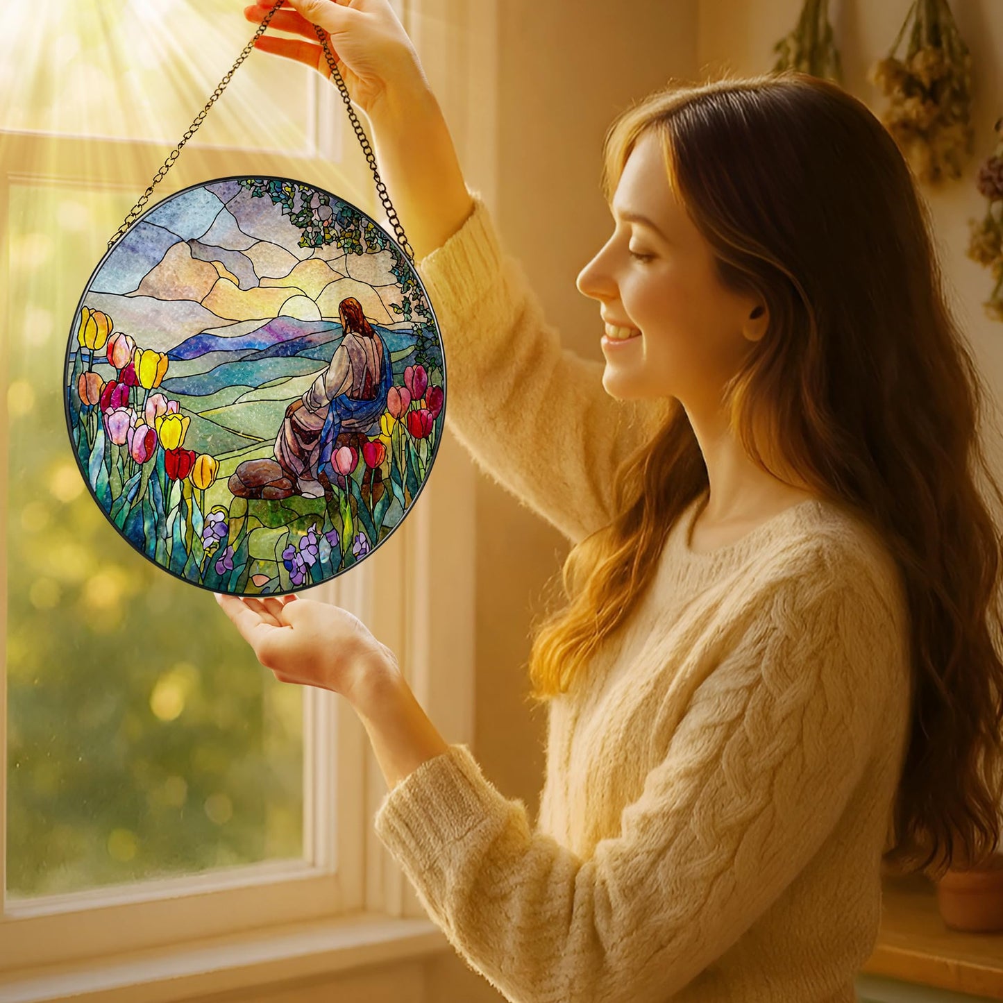 Stained Glass Suncatcher, Jesus and Sunrise Sun Catcher Ornament; Stained Glass Window Hanging, Christmas Ornament, Christian Home Decor; Baptism Gift, Christian Gifts, Religious Gifts