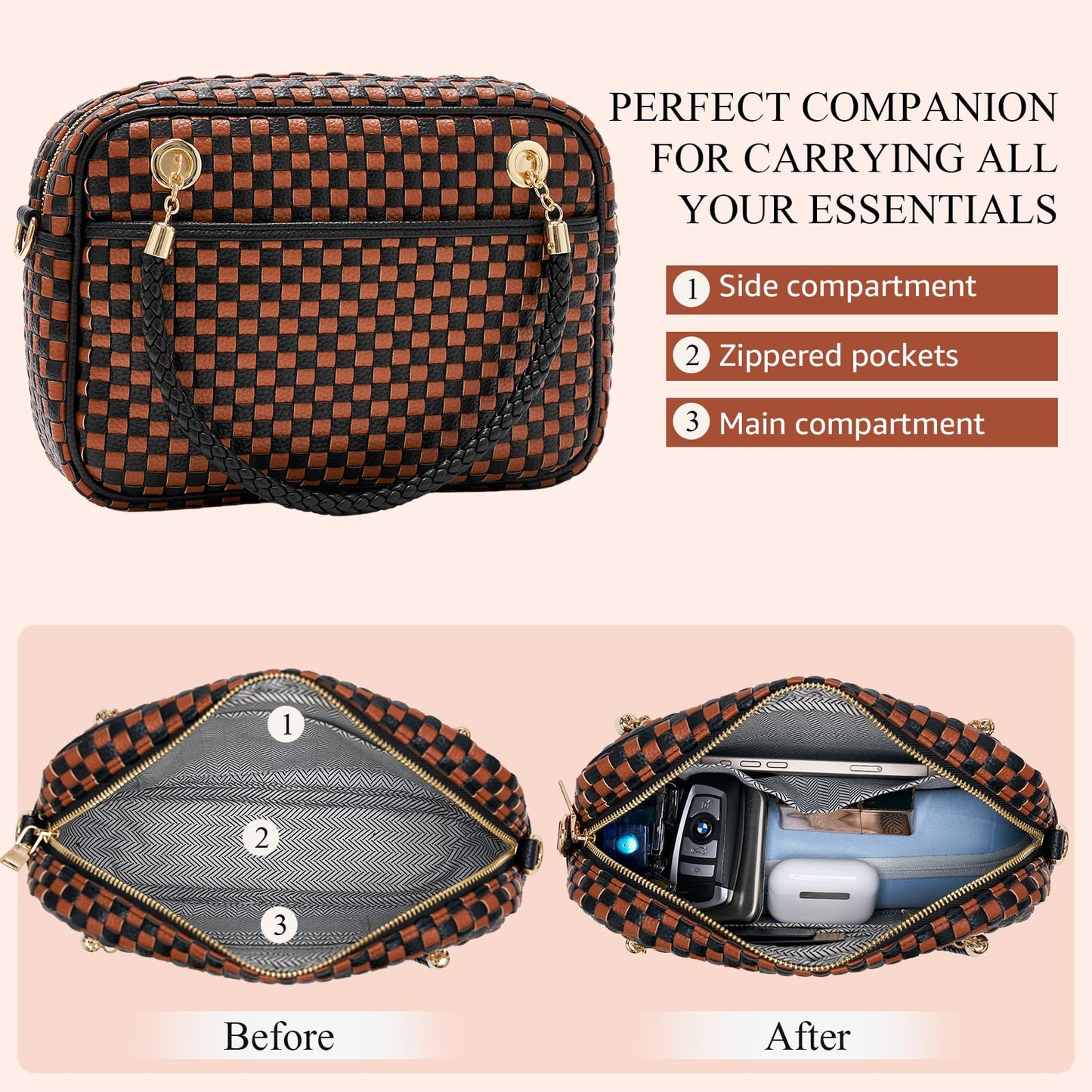 Woven Crossbody Bags for Women, Vegan Leather Two-Tone Satchel with Braided Top Handle, Structured Checkerboard Shoulder Purse with Adjustable Strap