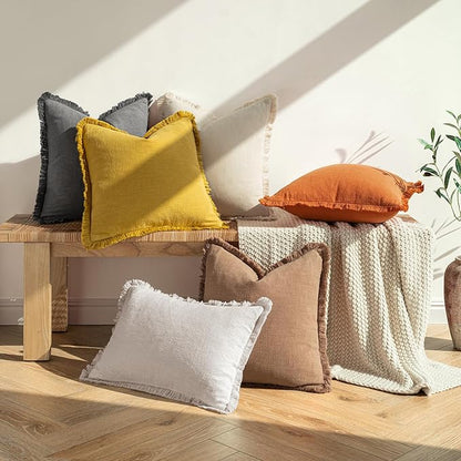 MIULEE Fall Decorative Throw Pillow Covers Neutral Linen Fringe Throw Pillows Set of 2 Burnt Orange Boho Farmhouse Cushion Covers with Tassels for Couch Sofa Bed Living Room Home Decor 18x18 Inch
