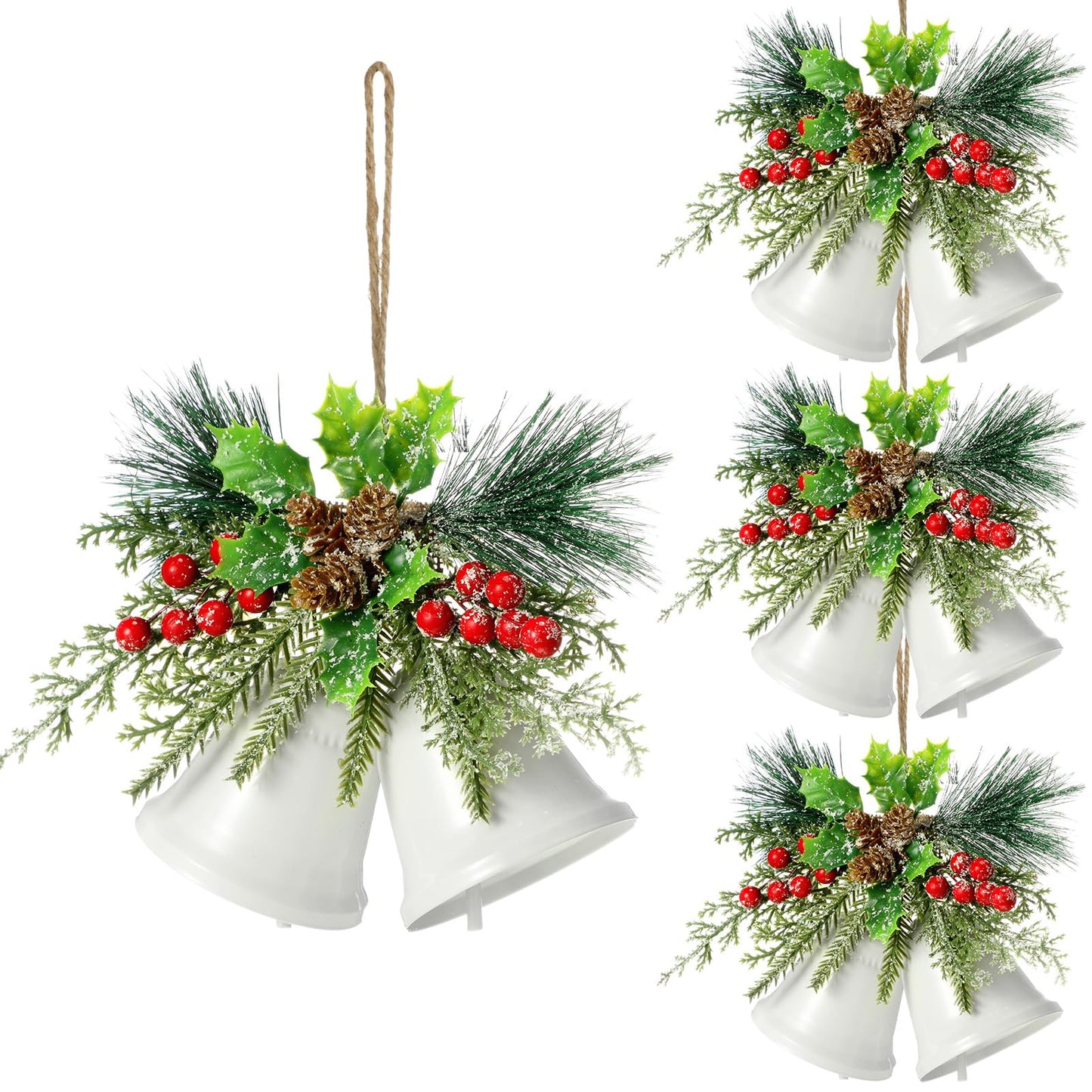 Tioncy Christmas Bell Hanging Ornaments 8.7" Large Rustic Metal Bell Decoration Xmas Hanging Decorative Bell with Red Berry for Christmas Wreath Tree Door Decor(White,4 Pcs)