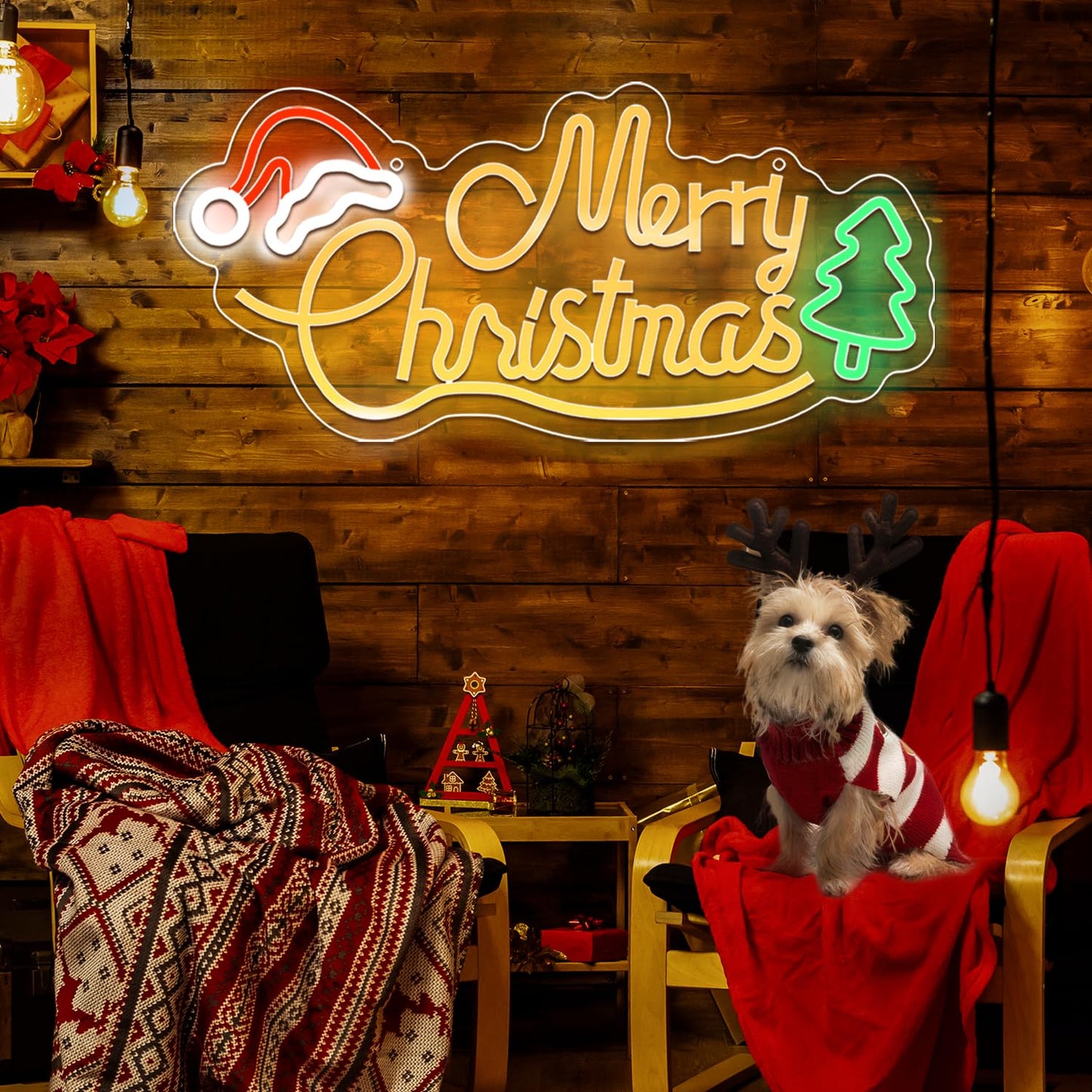 JoyHue Merry Christmas Neon Signs, 16.7*7.9Inch LED Christmas Lights with Xmas Tree and Santa Hat for Wall, Window, Party, Bar, Pub, Club, Kids Bedroom Decorations and Gifts, USB Powered