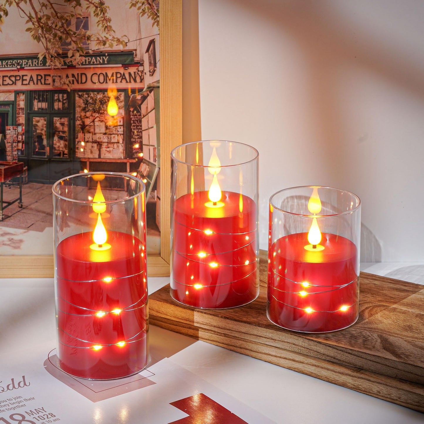 Da by 3 Pack Red Transparent Acrylic Flameless Taper Candles, Flickering Black Wick LED Candles with Fairy String Lights, Heat Resistant ABS Candles with Remote for Indoor Outdoor Decor