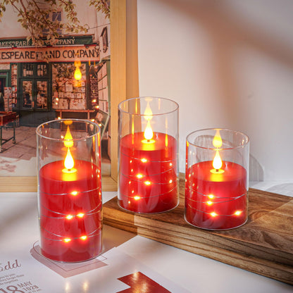Da by 3 Pack Red Transparent Acrylic Flameless Taper Candles, Flickering Black Wick LED Candles with Fairy String Lights, Heat Resistant ABS Candles with Remote for Indoor Outdoor Decor