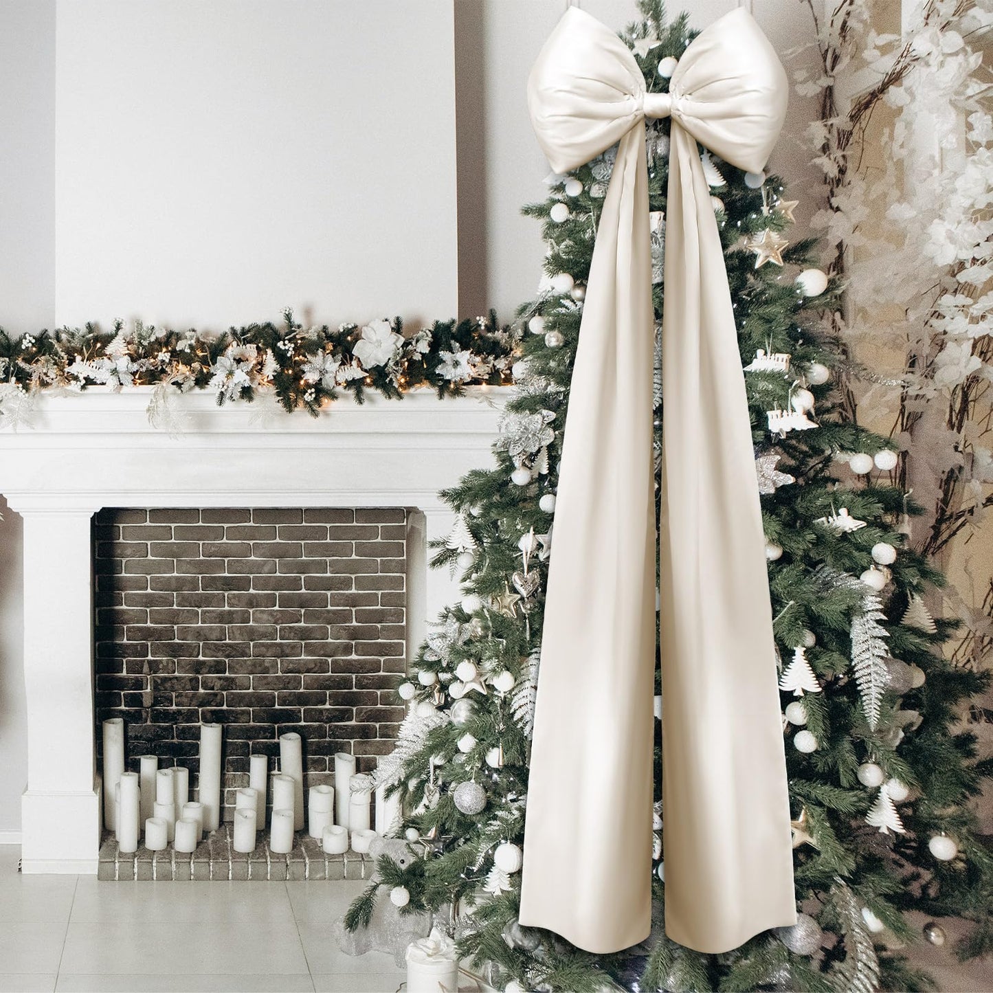 Daifunli 20 x 47 Inches Extra Large Satin Bows Decorations Giant Bow with Long Ribbon for Home Wedding Birthday Wall Engagement Party Backdrop Christmas Tree Topper Decor(Champagne Gold)