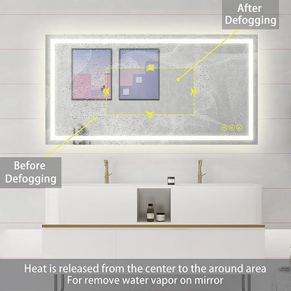 Wall-Mounted LED Square Bathroom Mirror, Makeup Mirror (36 inches x 24 inches,) 3 Color Stepless Dimmable Memory Bathroom Vanity Mirror with Lights CRI90+ 3000-6400K Smart Mirror with Touch