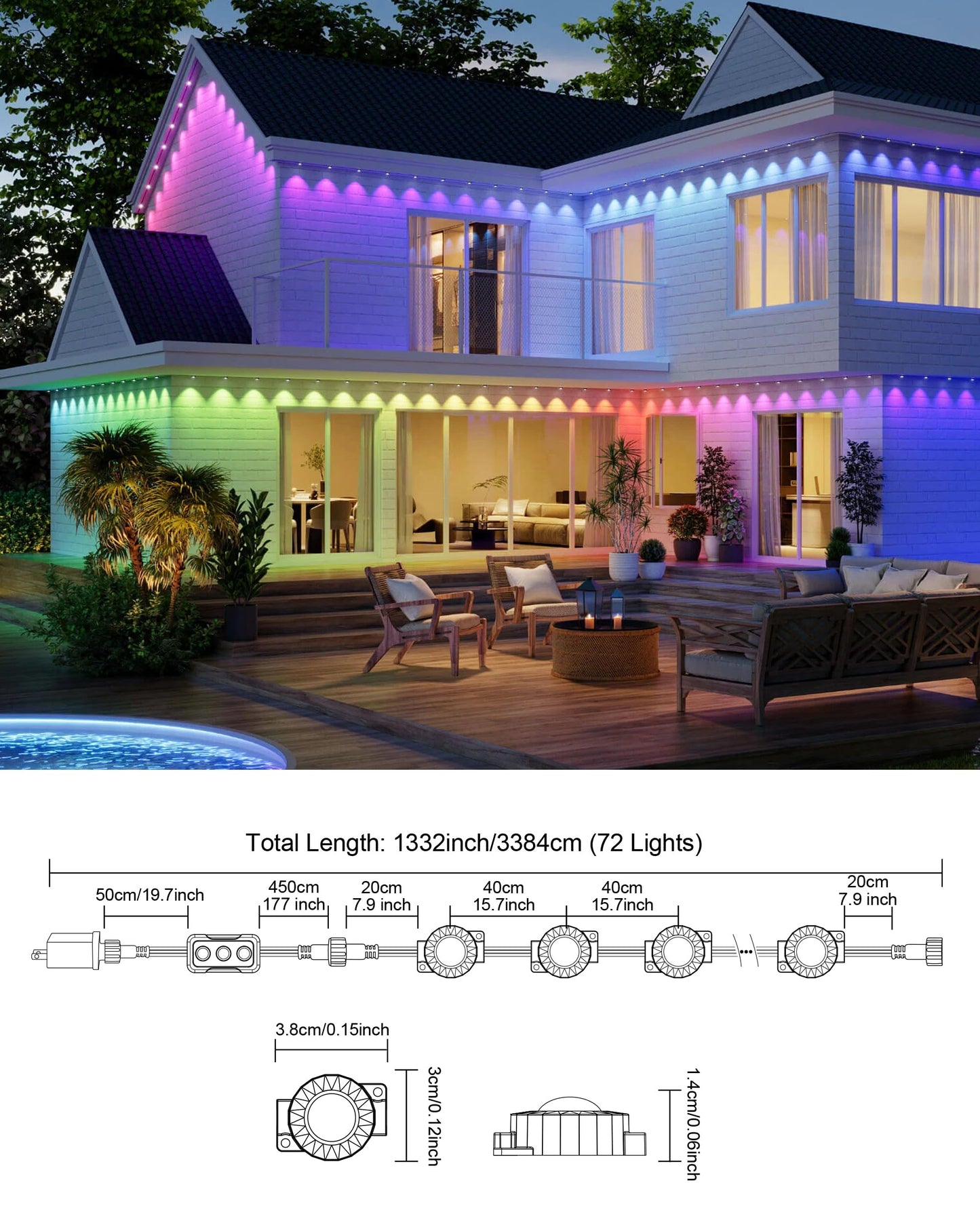 DELITOR 111FT Permanent Outdoor Lights,72 RGB Eaves Lights with App Control Remote, IP65 Waterproof Eternity Eaves Lighting, Outdoor Light for Outside Roofline Decor, Party, Holiday Xmas