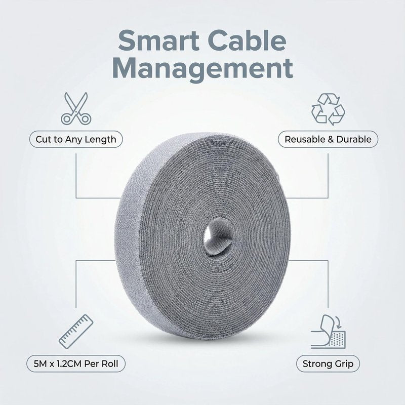 Cable Ties Adjustable and Reusable, 5M x 1.2CM Self-Gripping Hook and Loop Wire Organizer, Cord Management Kit for Home Office Computer Data Cables(Gray)
