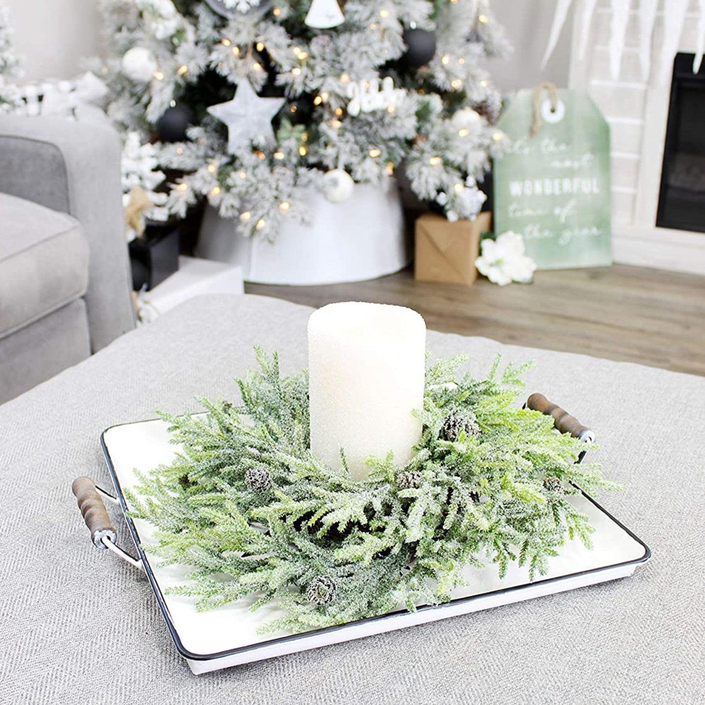 AuldHome Design Artificial Christmas Wreaths (2-Pack, 14-Inch); Evergreen Flocked Greenery w/Pinecones for Doors, Stairways and Windows, Indoor/Outdoor