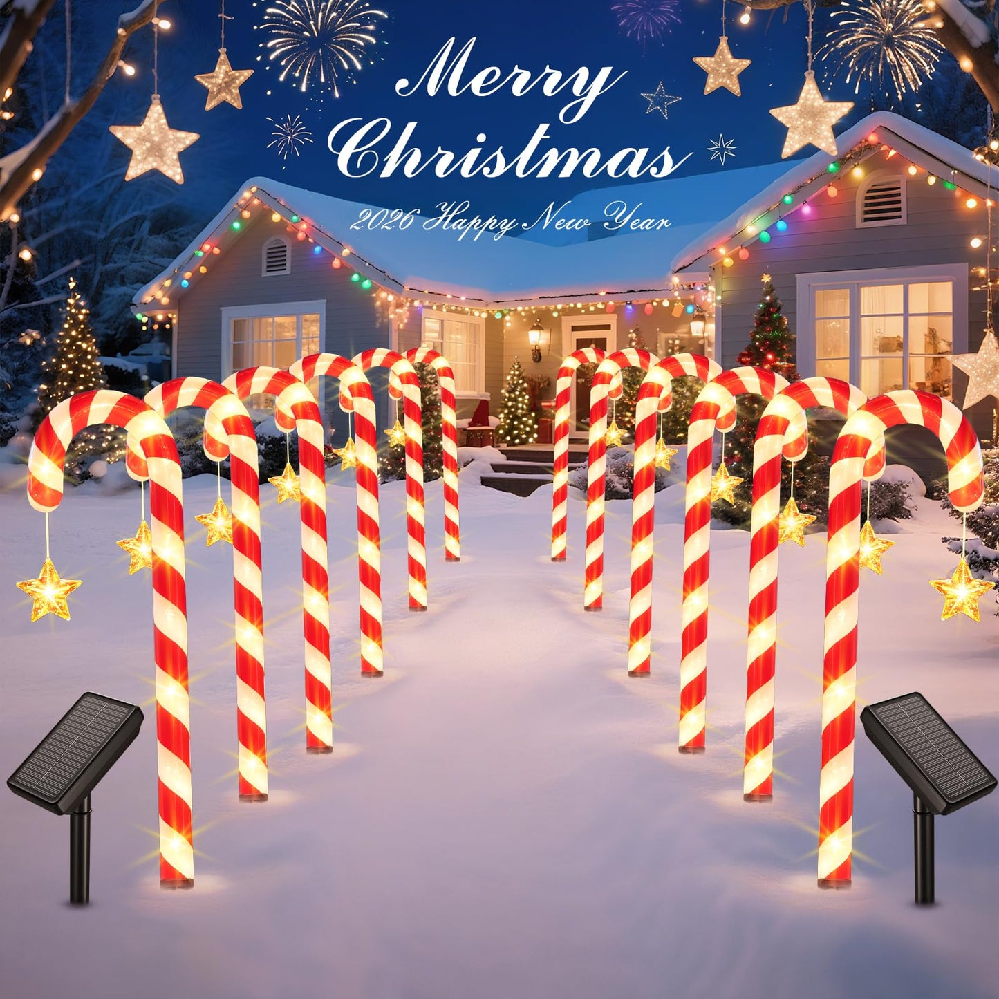 BOMIER Solar Christmas Lights Outdoor Waterproof: 24-Pack Solar Candy Cane Christmas Decorations Outdoor Pathway Lights with Stakes 10 Modes, 144 LED Xmas Decorations for Yard Garden Holiday Decor