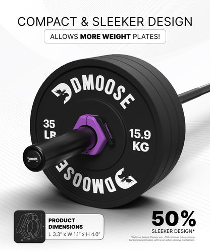 DMoose Barbell Clips (Pair) - Quick Release Olympic Barbell Clamps with Anti Slip TPR Grip, 2" Barbell Collars for Secure Weightlifting & Powerlifting (Purple & Black - Magnetic)