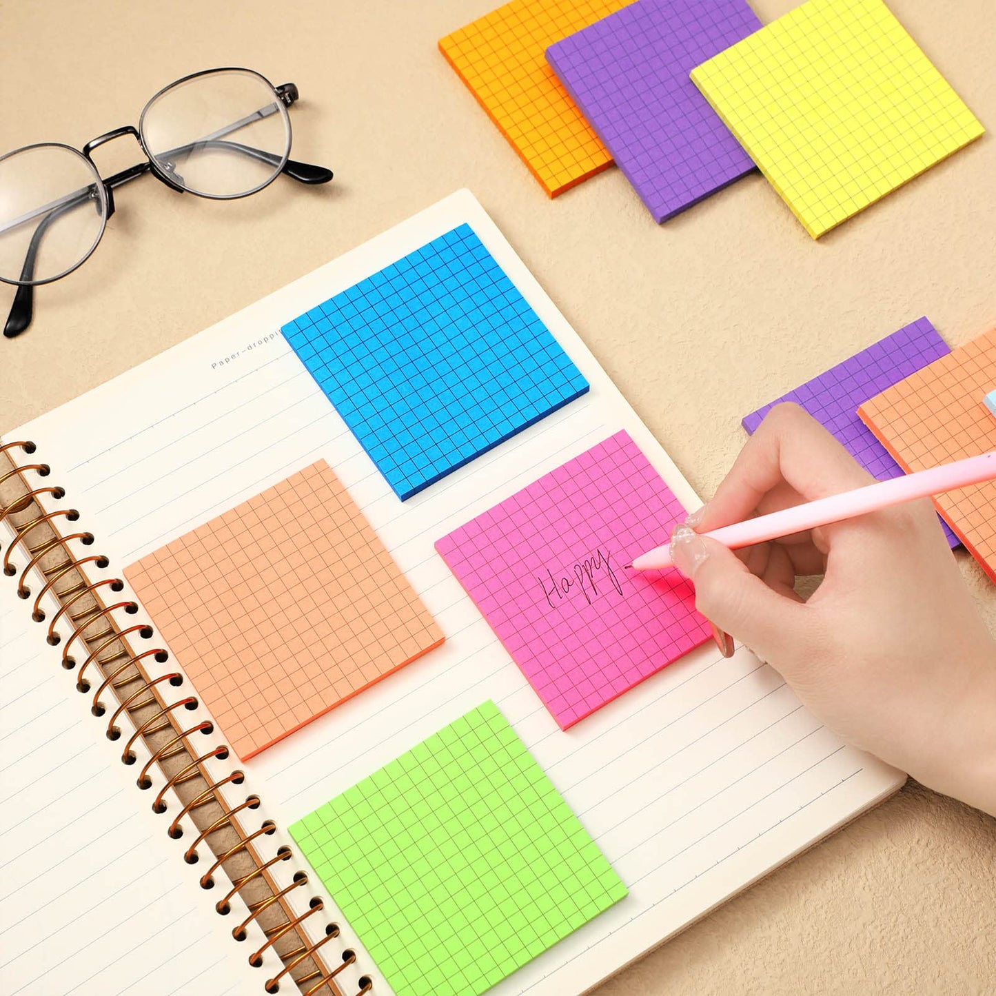 Geosar 24 Pack Lined Grid Sticky Notes 3 x 3 Inch Note Colorful Self Stick Notes Power Memo Pads Strong Adhesive Self Stick Note for Gifts School Office Supplies 8 Colors(Bright Color)