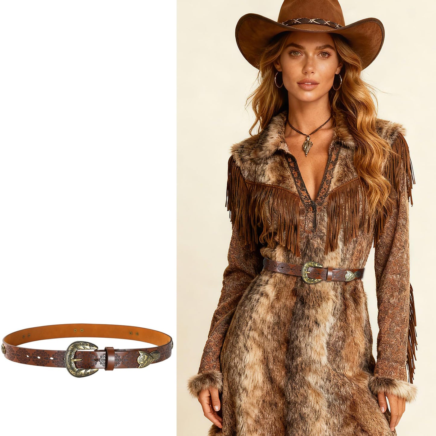 IDUNNVERVE Western Cowgirl Belts for Women – Brown Leather Belt for Jeans with Vintage Country Cowboy Buckle