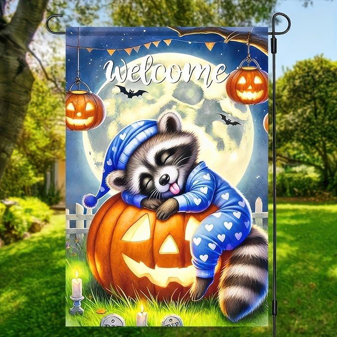 Halloween Raccoon Jack O Lantern Garden Flag Double Sided, Halloween Holiday Decorative Yard Outdoor Home Small Decor, Fall Autumn Outside House Decoration 12 x 18 inch
