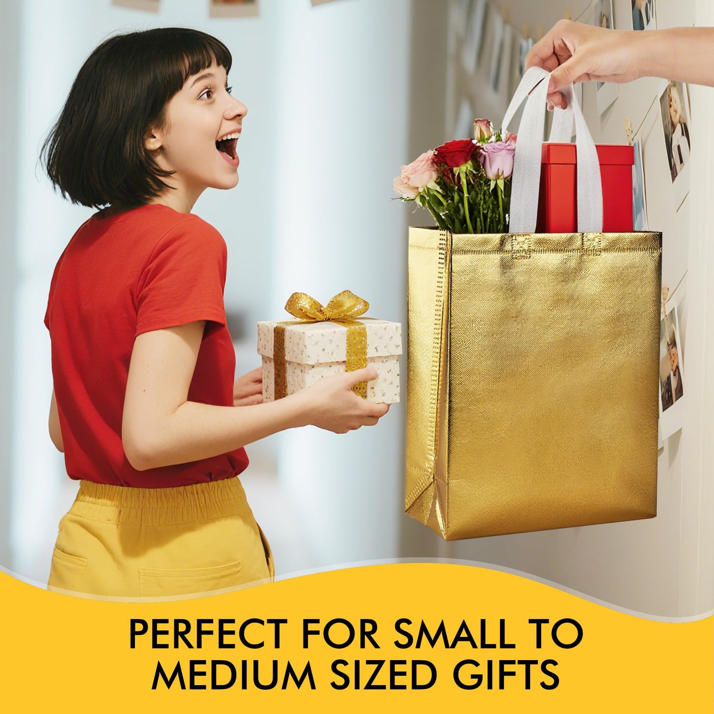 RACETOP Medium Gold Gift Bags with Handles – Set of 15 Reusable 100g Gold Party Favor Bags - Ideal for Birthday, Wedding, Bachelorette, Holiday Goodie Bags – 8x4x10 Inches, Upgraded