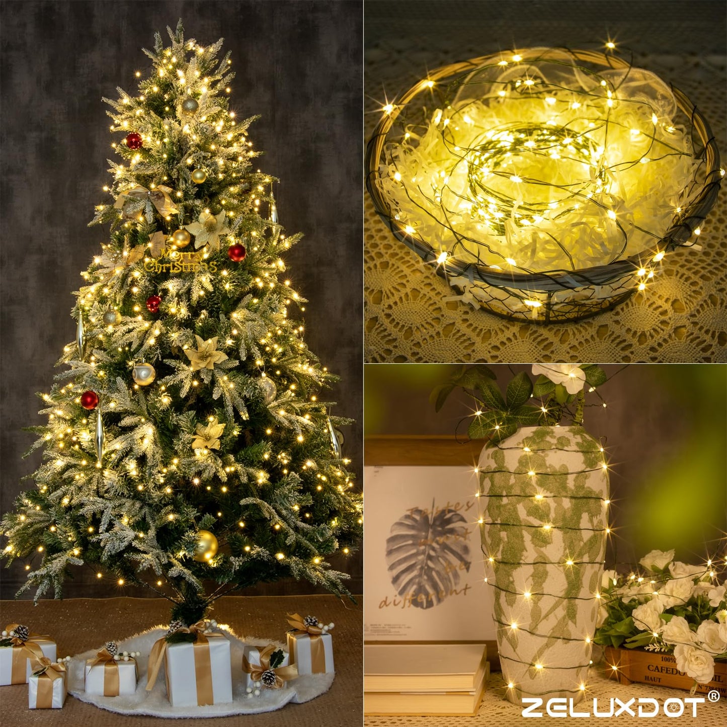 ZELUXDOT Fairy Lights Plug in,400FT 1200LEDs Waterproof Led String Lights,8 Modes Remote Twinkle Light for Outdoor Indoor Christmas Wedding Birthday Garden Party Decorations,Green Wire,Warm White
