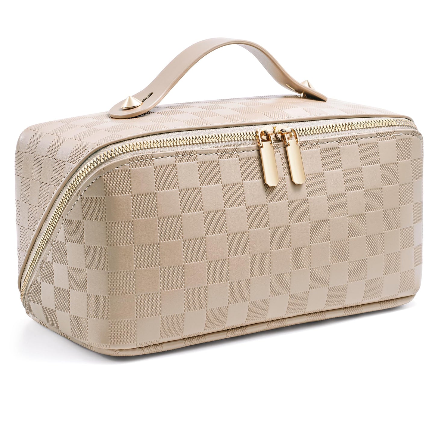 Large Capacity Travel Cosmetic Bag - Open Flat Makeup Bags for Women Waterproof PU Leather Checkered Makeup Organizer Bag,Toiletry Bag for Cosmetics, Portable Make up Bag for Travel Essentials, Khaki