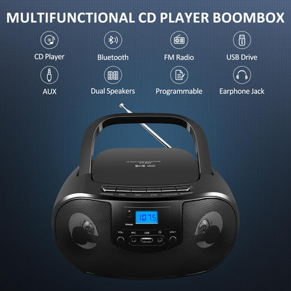 Portable CD Player Boombox with FM Radio, Top Loading CD Stereo Boom Box for Home, Bluetooth, Remote Control, LED Light, Headphone/Mic Jack, Support CD-R/RW/MP3-CD, USB, LCD Display, Black