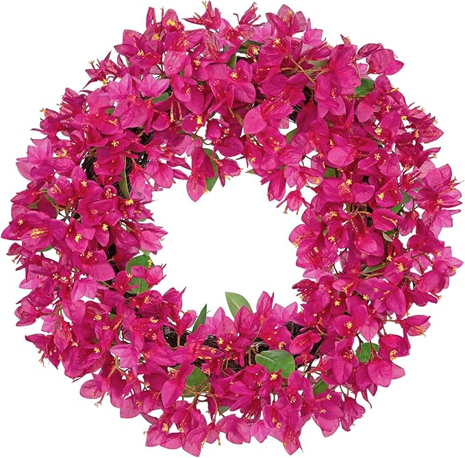 Briful Spring Front Door Wreath 18inches Artificial Bougainvillea Flower Wreath Silk Pink Floral Hanging Wreath Outdoor Summer Wreath for Home Wall Mantle Party Wedding Décor