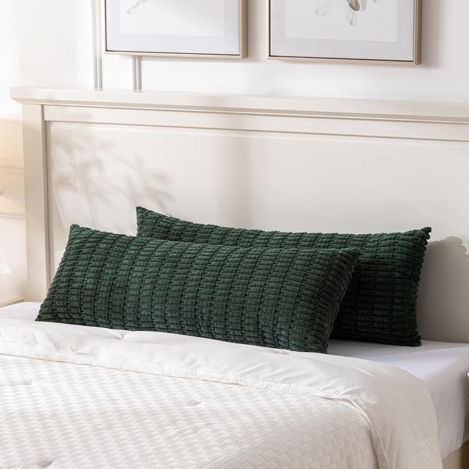 Fancy Homi Dark Green Long Body Lumbar Decorative Throw Pillow Covers 14x36 Inch for Bed Couch Bedroom Bench, Soft Corduroy Rectangle Solid Pillow Case 35x91 cm, Rustic Farmhouse Boho Room Decor