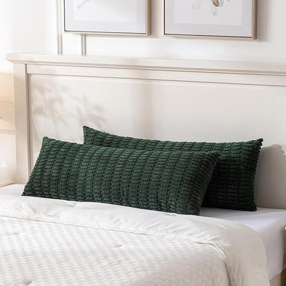 Fancy Homi Dark Green Long Body Lumbar Decorative Throw Pillow Covers 14x36 Inch for Bed Couch Bedroom Bench, Soft Corduroy Rectangle Solid Pillow Case 35x91 cm, Rustic Farmhouse Boho Room Decor